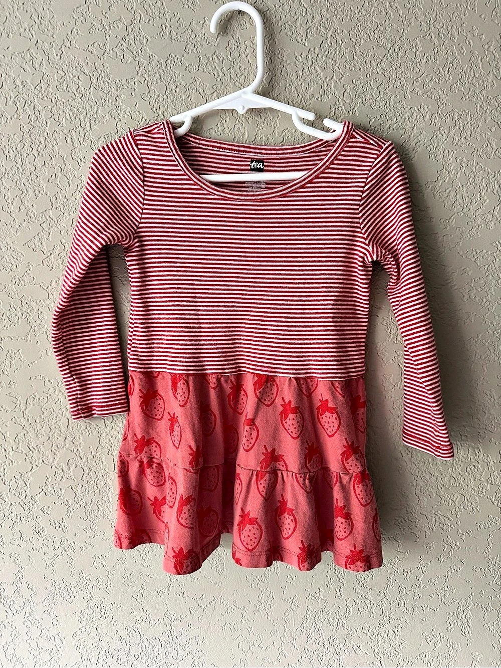 Tea Girls Long Sleeve Red Striped and Strawberry Printed Cotton Dress